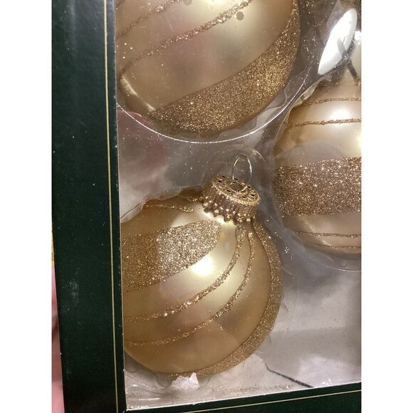 Krebs Christmas Glass Bulb Ornaments 4 Harvest Gold Balls Glitter Swirls Boxed - Picture 10 of 10